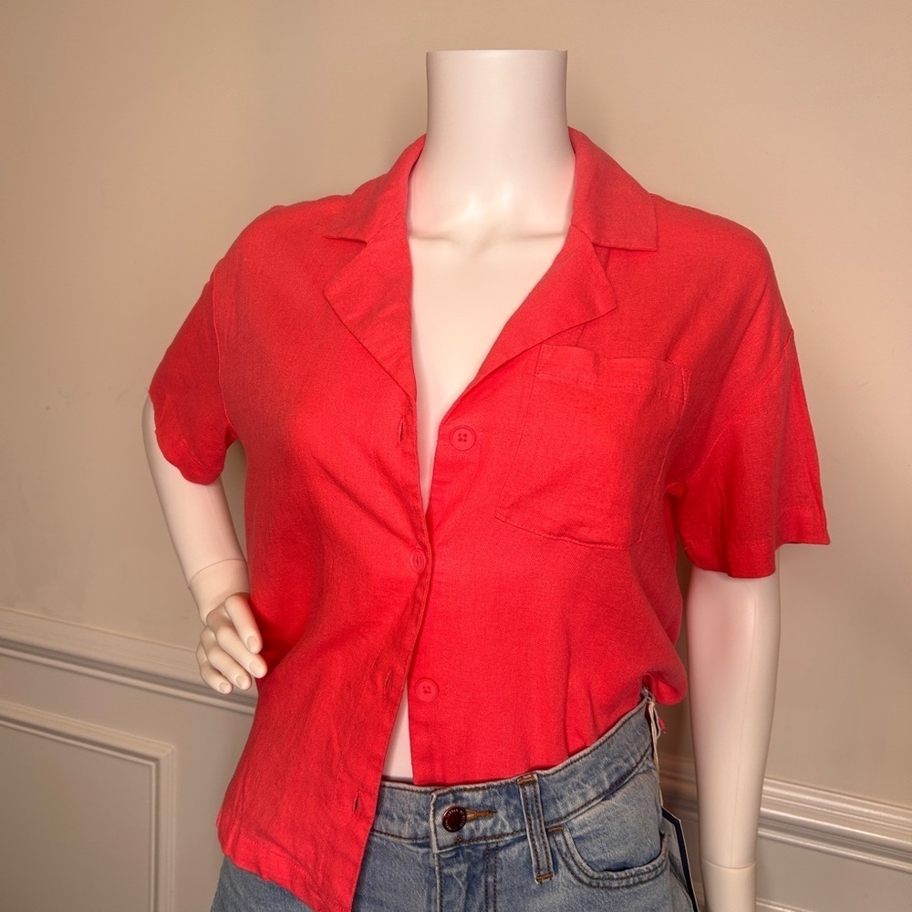 Women's Linen Short Sleeve Button Down Camp Shirt- A New Day, Pink